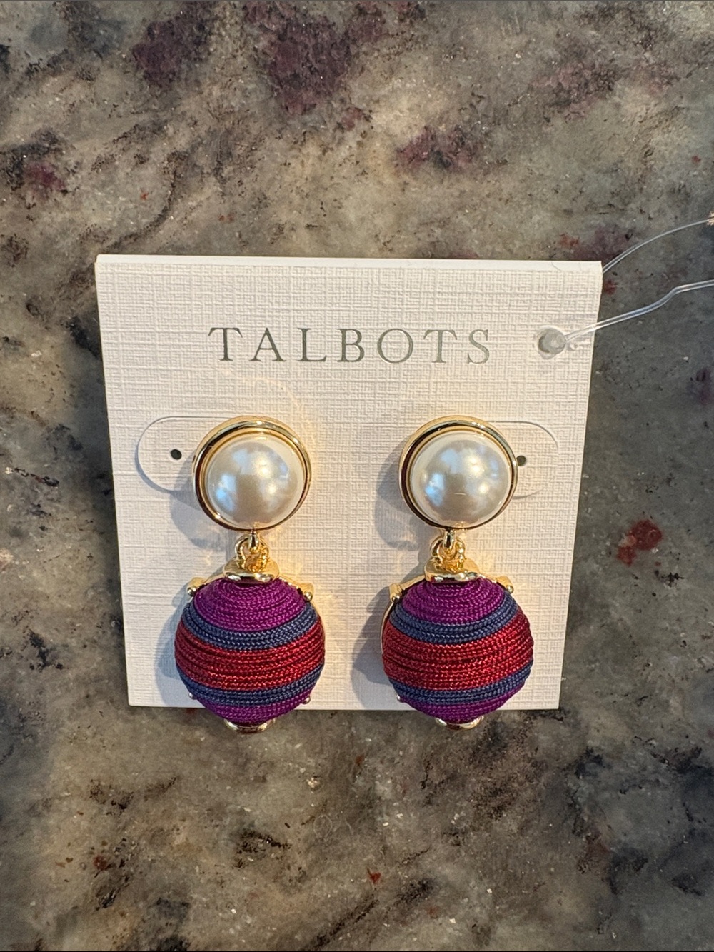 Talbots Gold-Tone Pearl Drop Earrings with Purple and Red Striped Fabric Balls